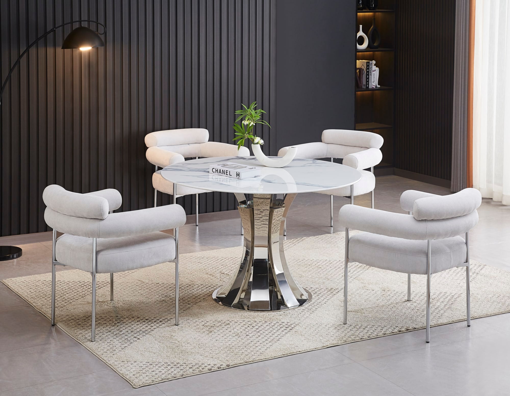 TABLE A MANGER RONDE JUDITH CHROME PLATEAU CERAMIQUE MARBRE BLANC 120cm