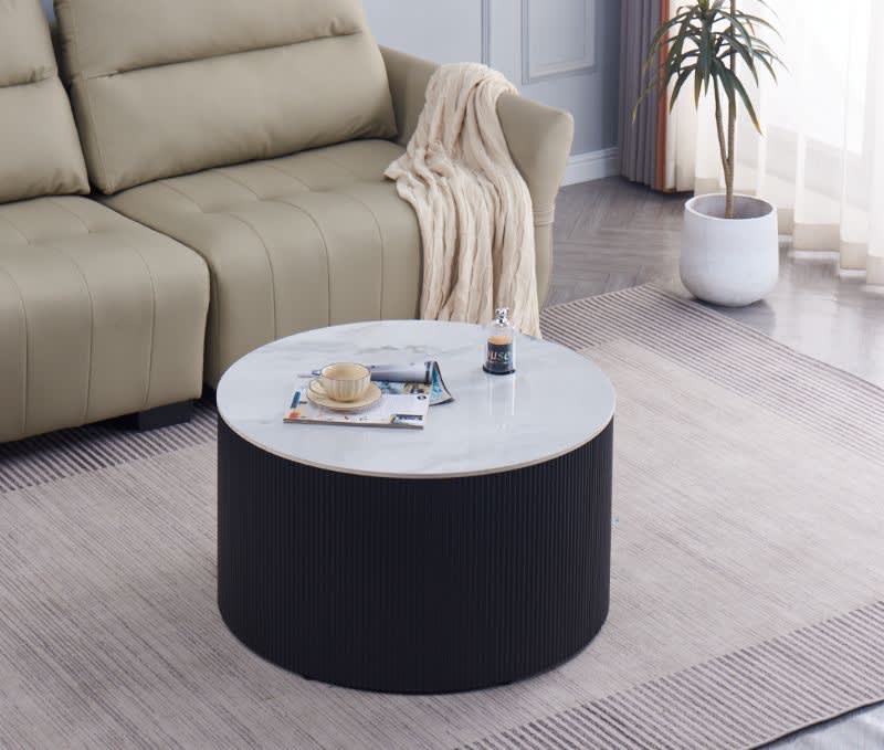 TABLE BASSE VALMY PIEDS NOIR PLATEAU CERAMIQUE MARBRE BLANC 80X45