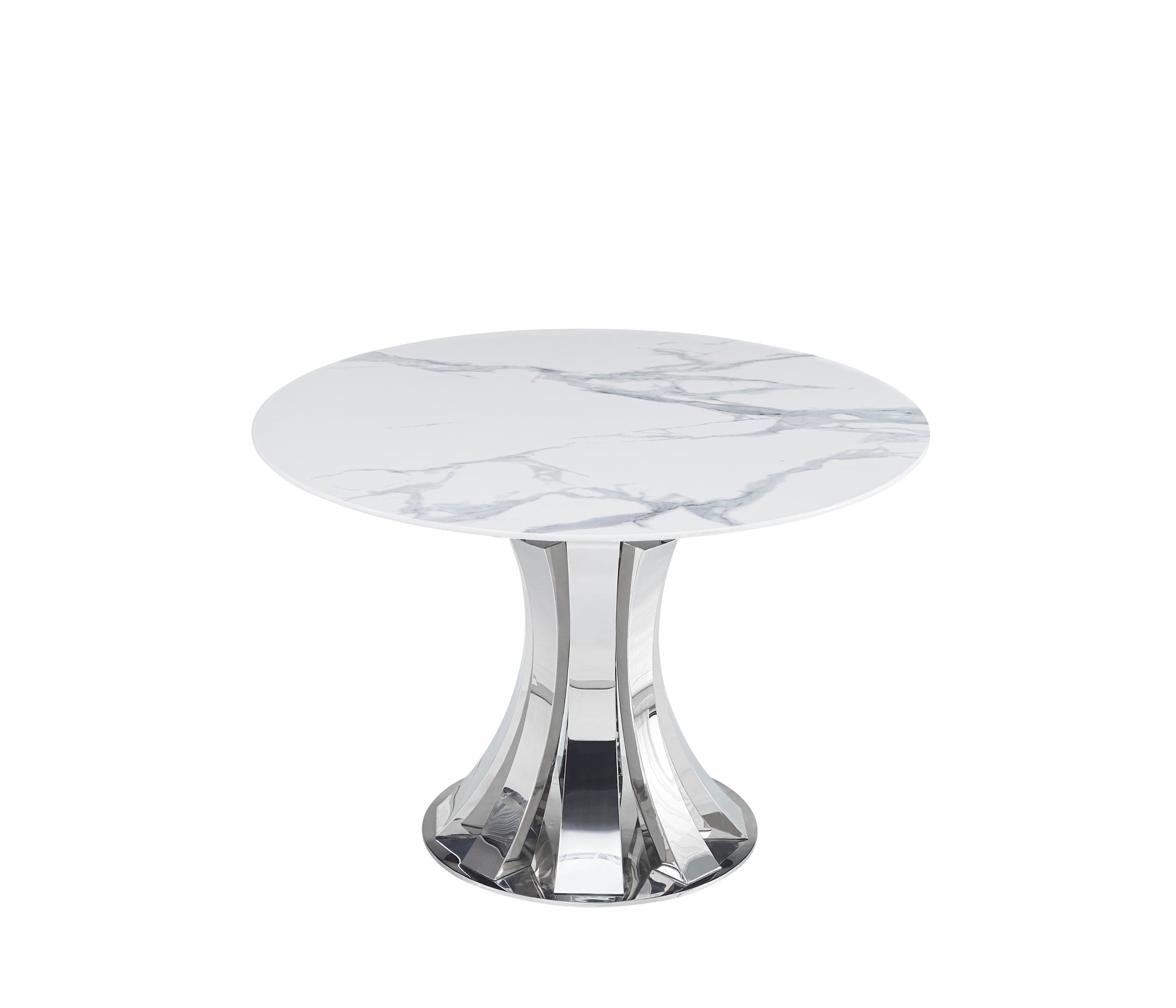 TABLE A MANGER RONDE JUDITH CHROME PLATEAU CERAMIQUE MARBRE BLANC 120cm