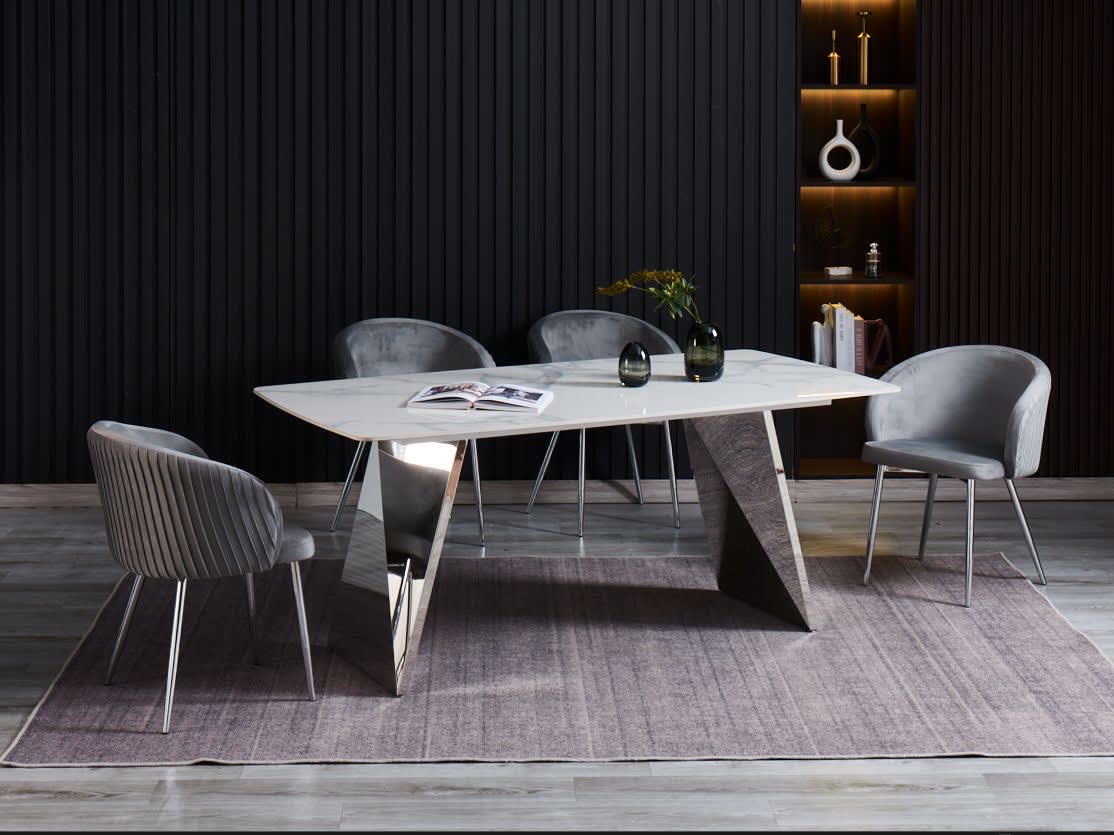 TABLE A MANGER GRAFFI PIED CHROME PLATEAU EN CERAMIQUE MARBRE BLANC180x90x75cm