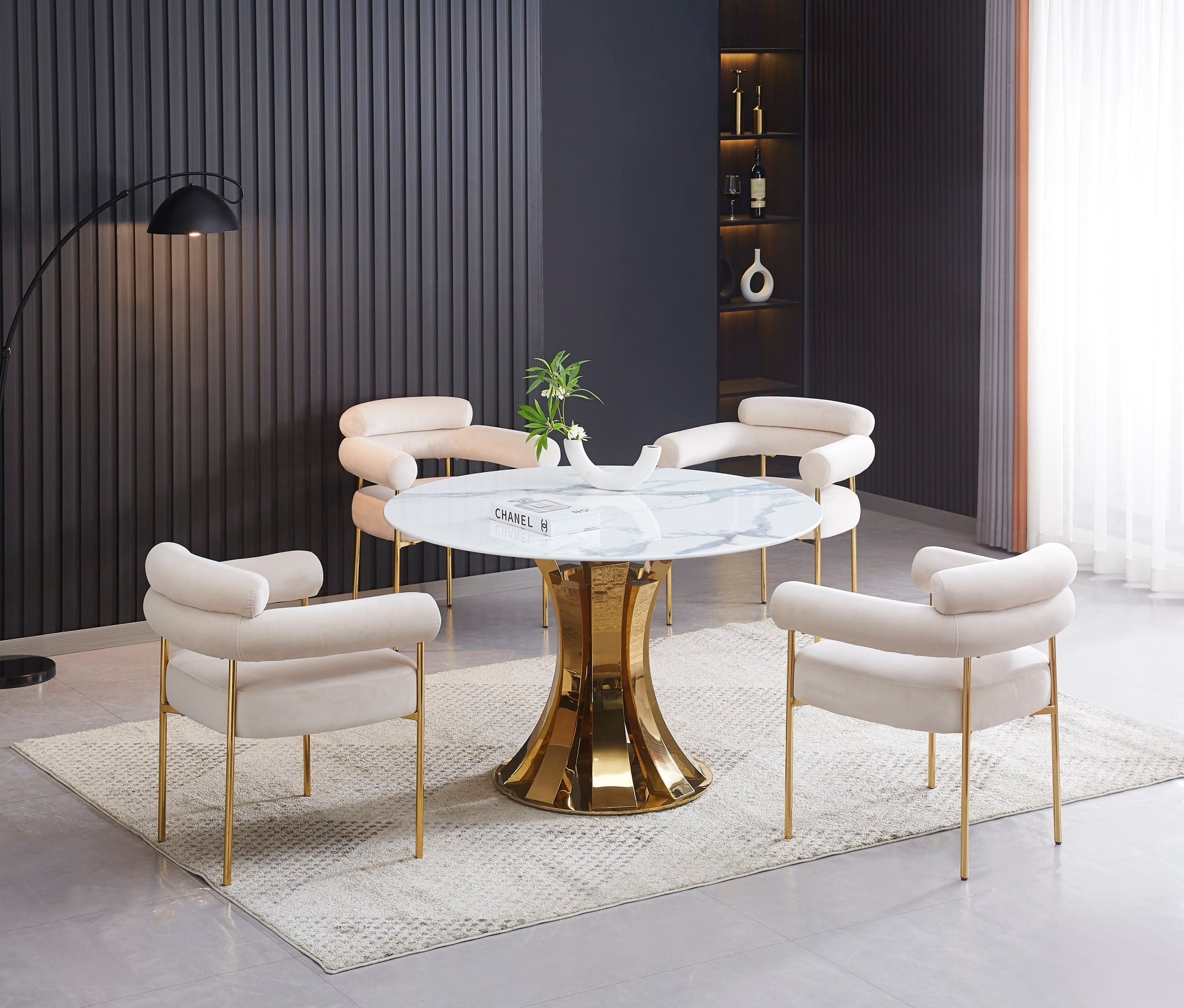 TABLE A MANGER RONDE JUDITH GOLD PLATEAU CERAMIQUE MARBRE BLANC 120cm