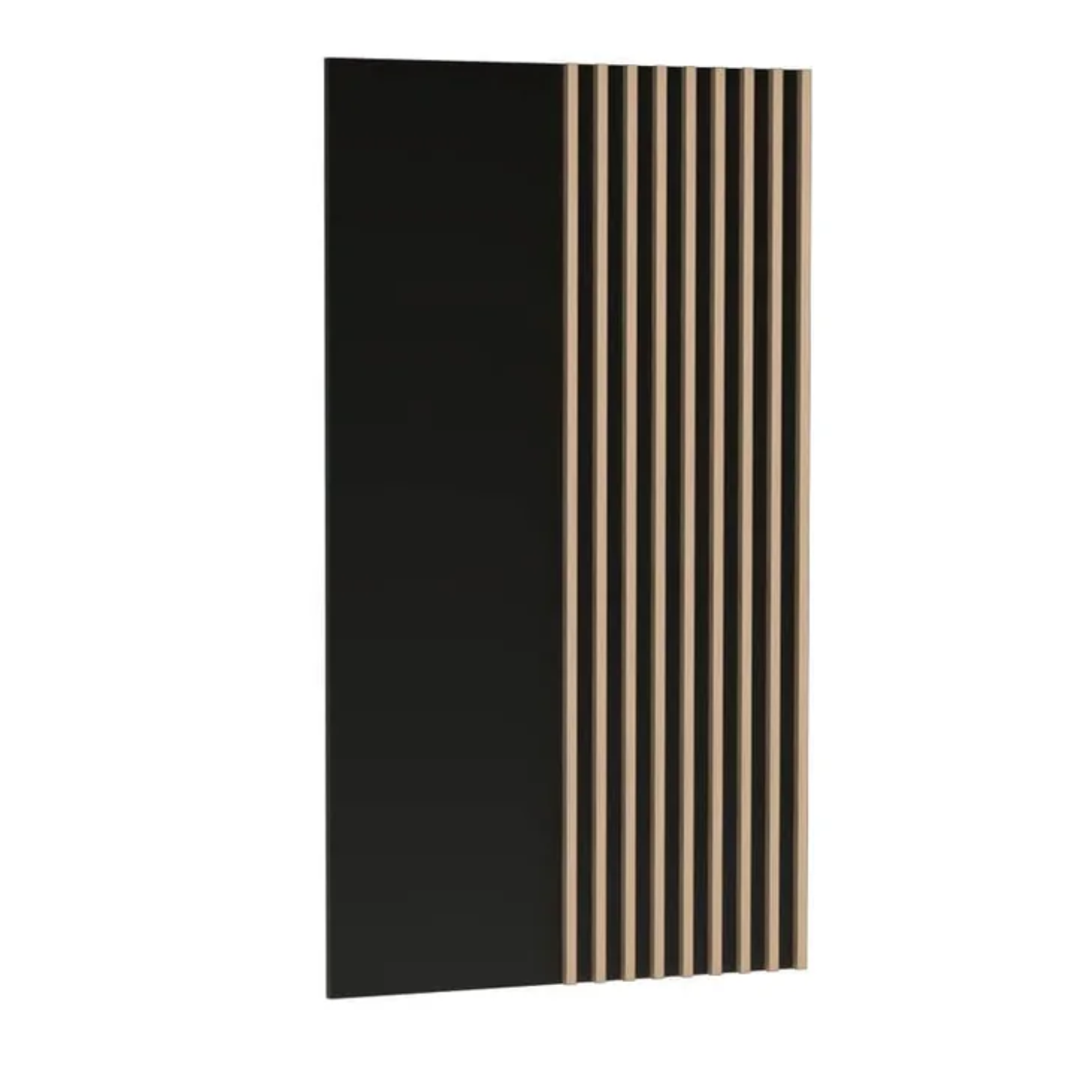 Panneau à lattes suspendu avec une combinaison de couleurs noires et claires pour un look élégant derrière le téléviseur.