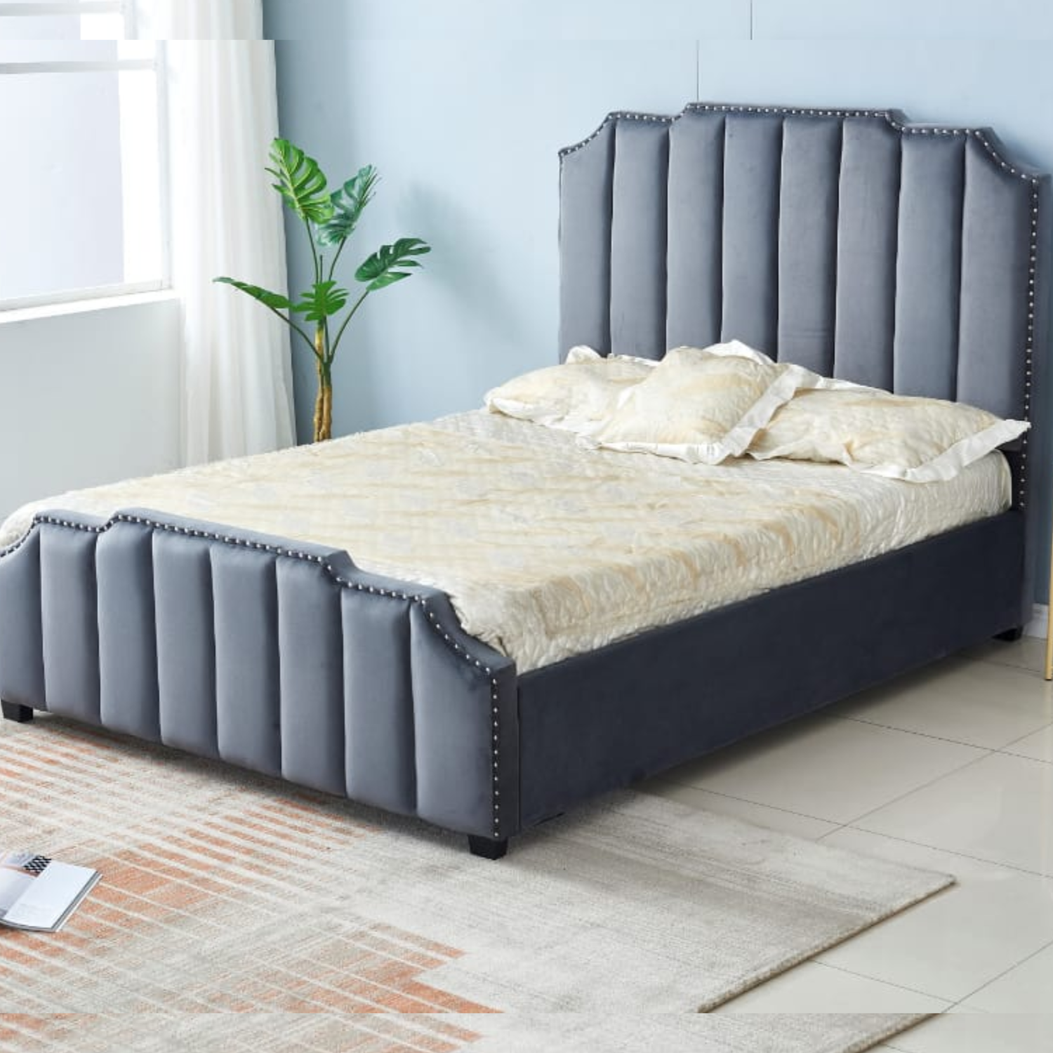 Lit capitonné en ligne revêtement en velours et sommier à latte en bois-160x200 cm