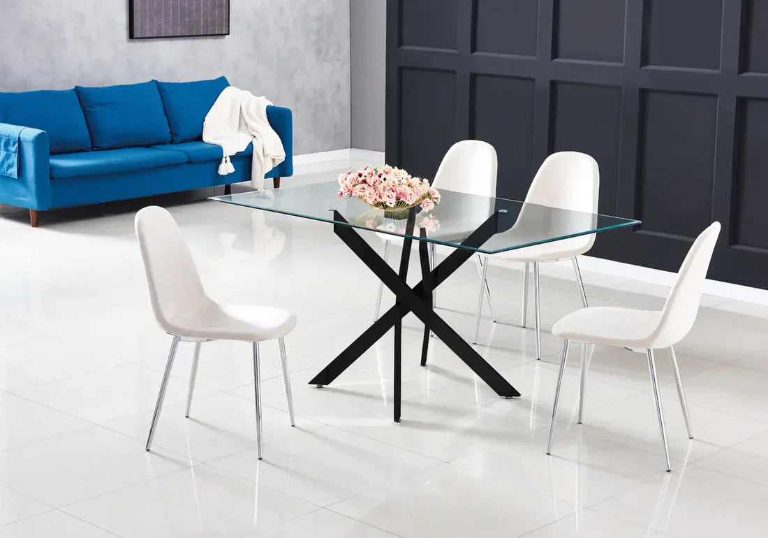 Table repas verre transparent métal noir et 4 chaises verlous gris anthracite - Meublei