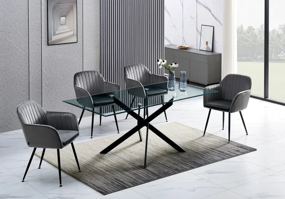 Table repas verre transparent métal noir et 4 chaises verlous gris anthracite - Meublei