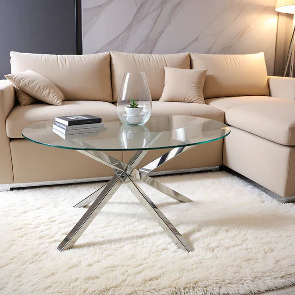 table basse verre avec structure argentee