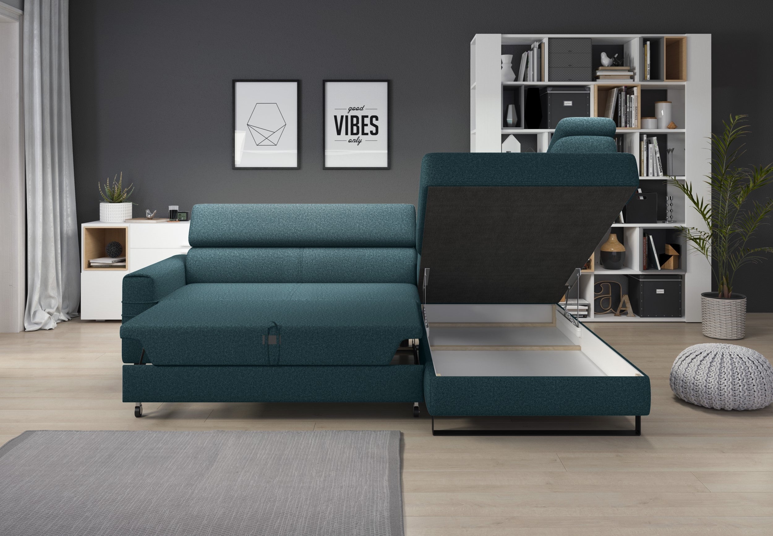 Canapé d'angle moderne avec système DELFIN, fonction lit et appuis-tête mobiles - Decora Home