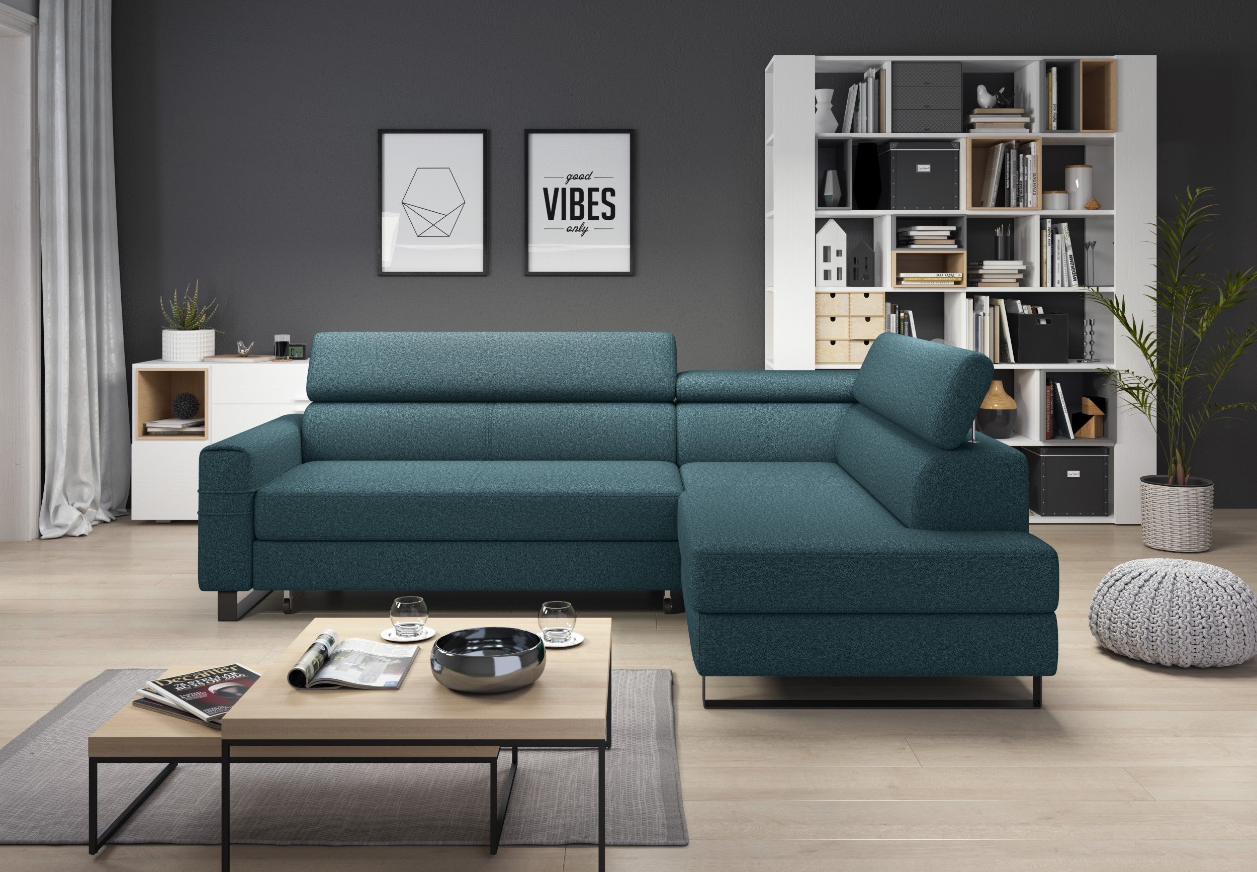 Canapé d'angle moderne avec système DELFIN, fonction lit et appuis tête mobiles|Offre Spéciale|Decora Home
