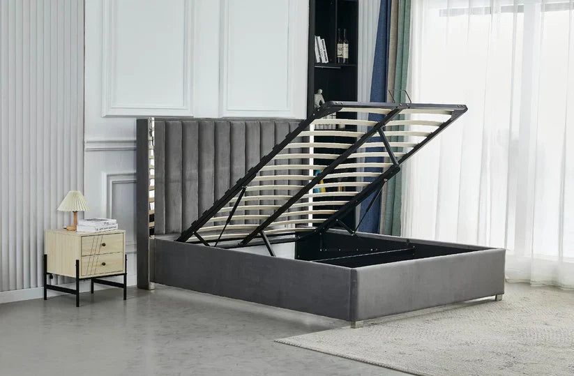 Lit Coffre avec Tête Capitonnée  avec Rangement  – Velours Taupe, Gris ou Noir – 140x200 / 160x200 cm - Decora Home
