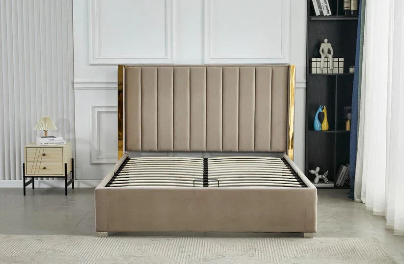 Lit Coffre avec Tête Capitonnée  avec Rangement  – Velours Taupe, Gris ou Noir – 140x200 / 160x200 cm - Decora Home