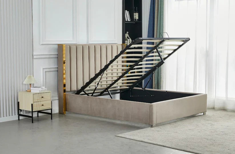 Lit Coffre avec Tête Capitonnée  avec Rangement  – Velours Taupe, Gris ou Noir – 140x200 / 160x200 cm - Decora Home