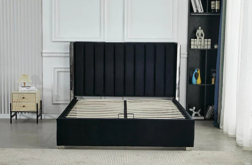 Lit Coffre avec Tête Capitonnée  avec Rangement  – Velours Taupe, Gris ou Noir – 140x200 / 160x200 cm|Destockage|Decora Home