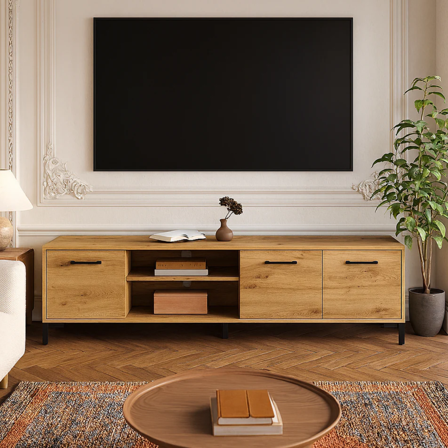 Meuble TV bas moderne – Chêne artisanal – Résistant aux rayures et à l’humidité