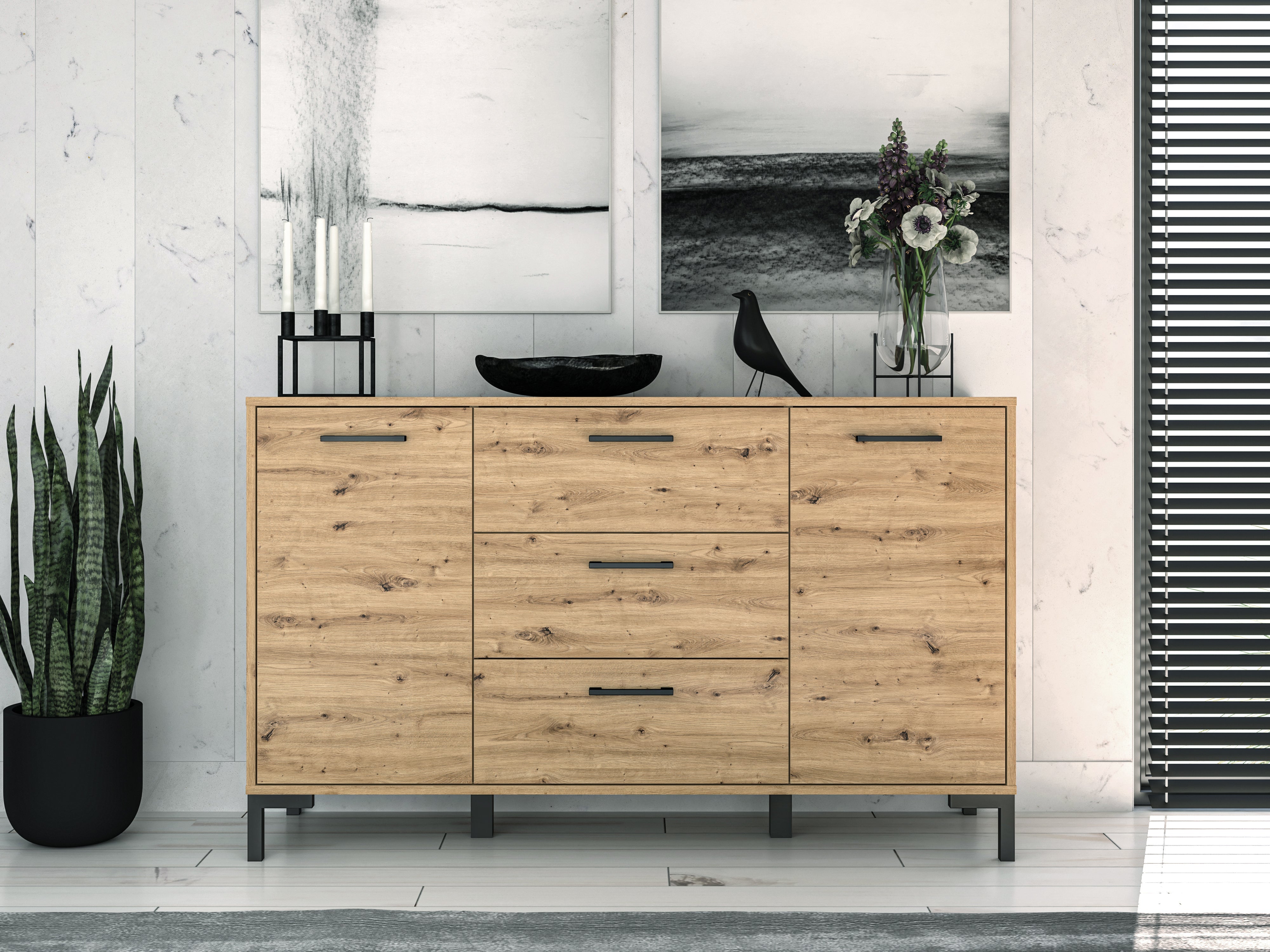 Commode, Buffet, Buffet bas en chêne artisanal – 3 portes, style contemporain et finition robuste - Decora Home