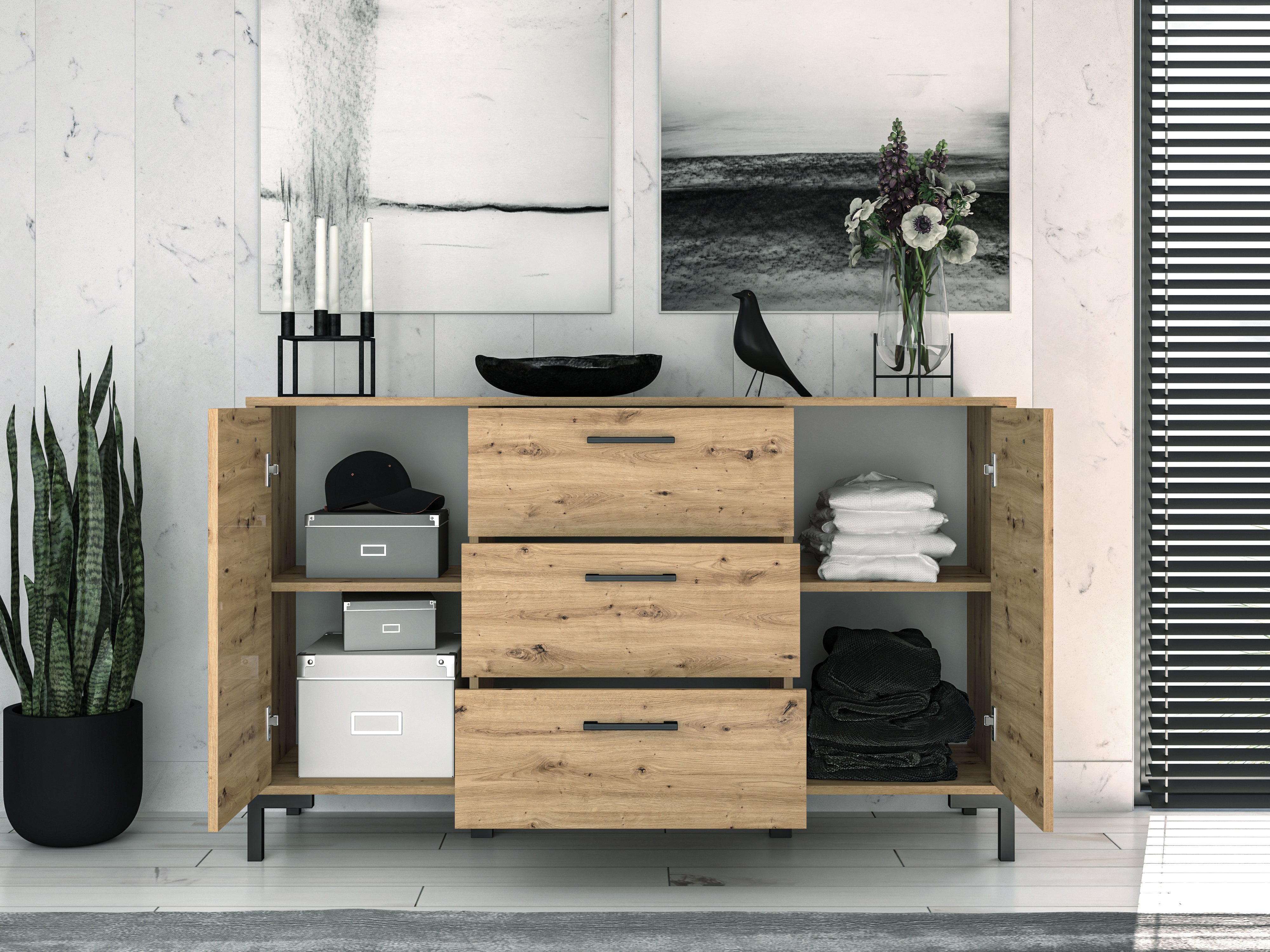 Commode, Buffet, Buffet bas en chêne artisanal – 3 portes, style contemporain et finition robuste - Decora Home