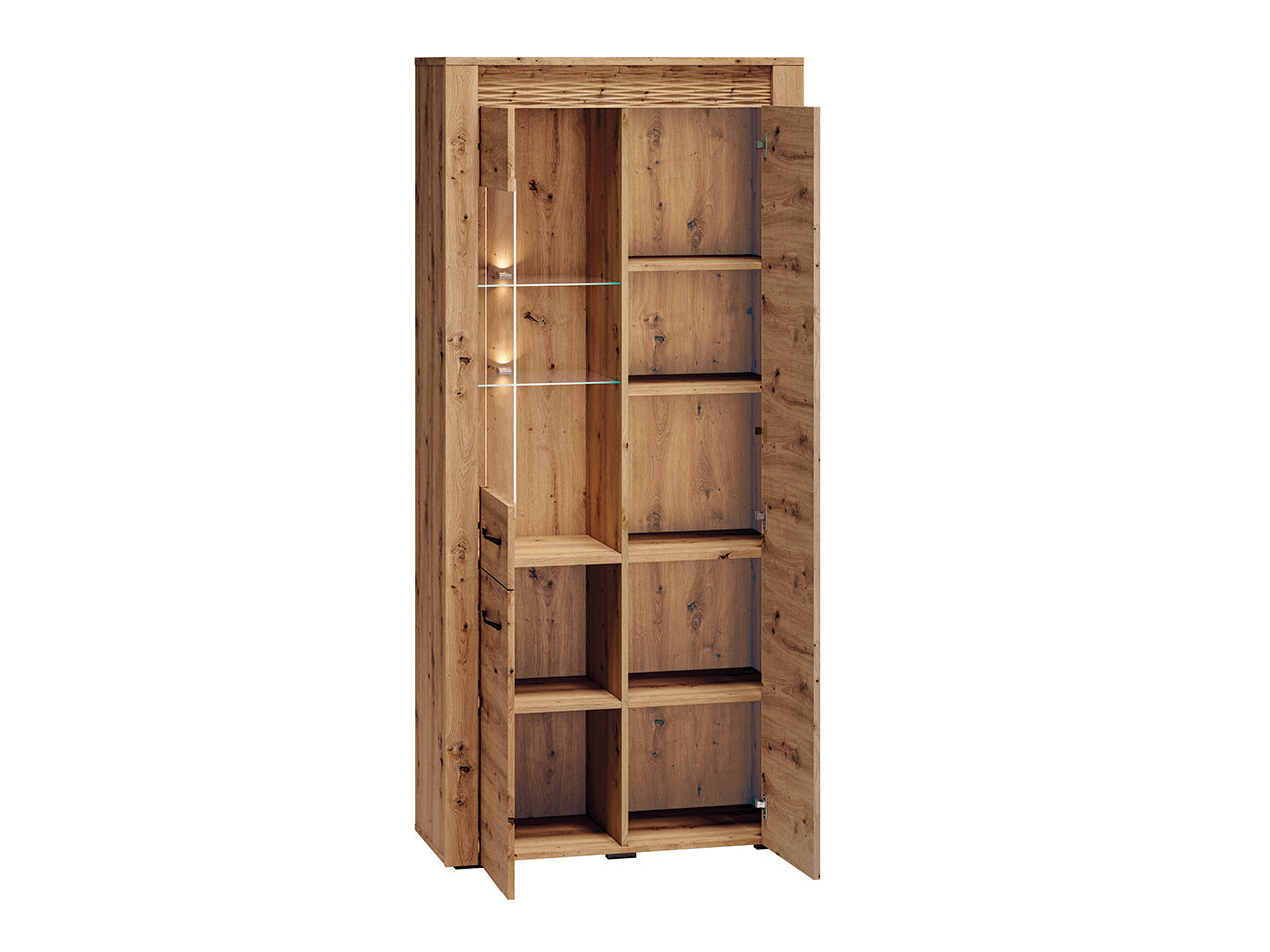 Vitrine en Chêne artisanal + MDF rainuré Chêne artisanal  avec Éclairage Optionnel - Decora Home