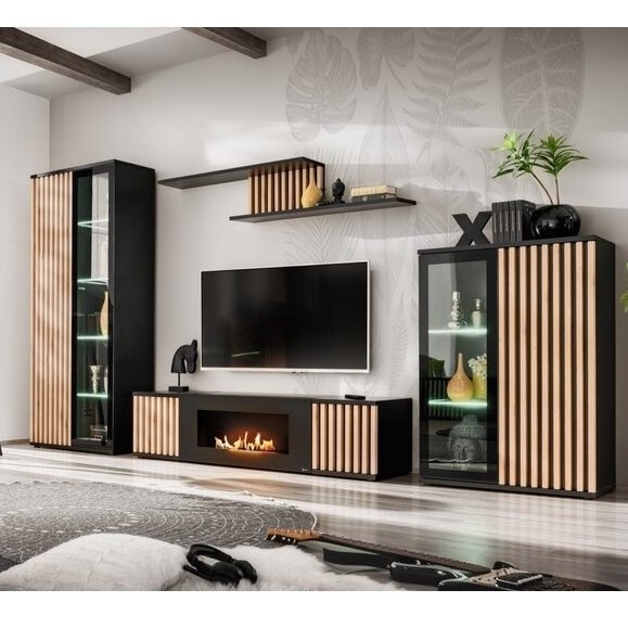 FLY M-P1 wall unit avec cheminée bioéthanol and a panel, hickory Jackson — vue 6
