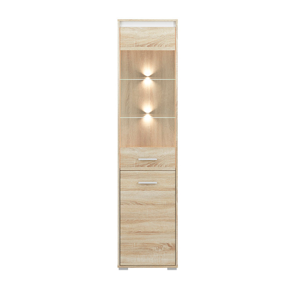 Vitrine Colonne avec Verre Trempé – Éclairage Optionnel – Design Sonoma Clair, Blanc et Anthracite - Decora Home
