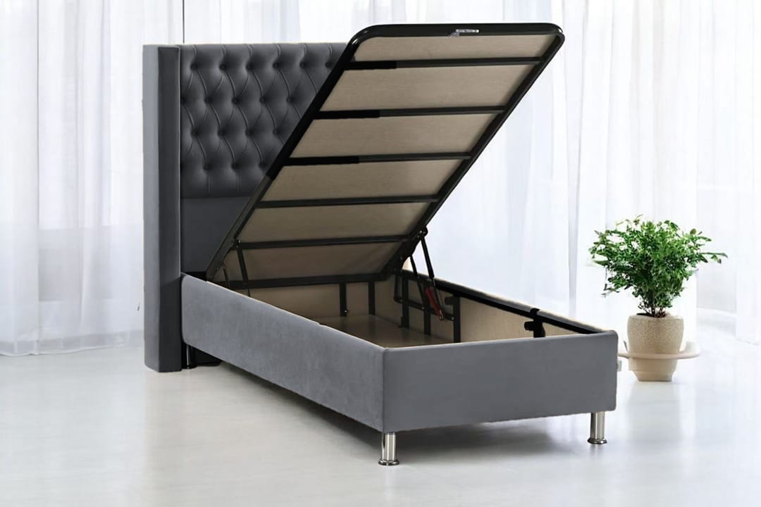 Lit Coffre 90x190 en Velours – Tête Capitonnée et Rangement Intégré, Beige ou Gris - Decora Home