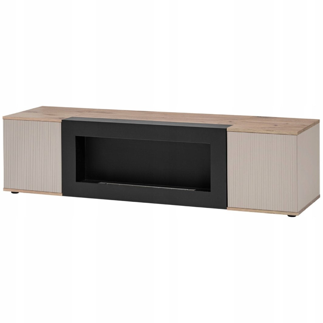 Meuble TV CATALINA 160cm avec cheminée bioéthanol - Chêne Viking - fond blanc