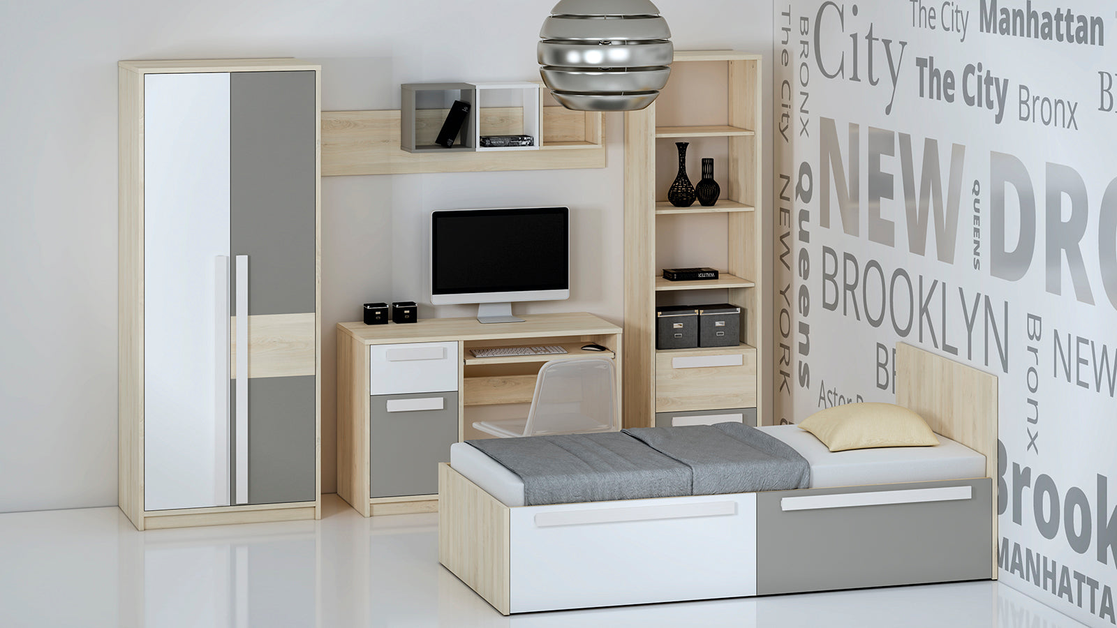 Armoire d'angle moderne Hêtre Fjord, Blanc & Gris Platine – Rangement optimisé avec bordure ABS, résistant à l'humidité et aux rayures - Decora Home
