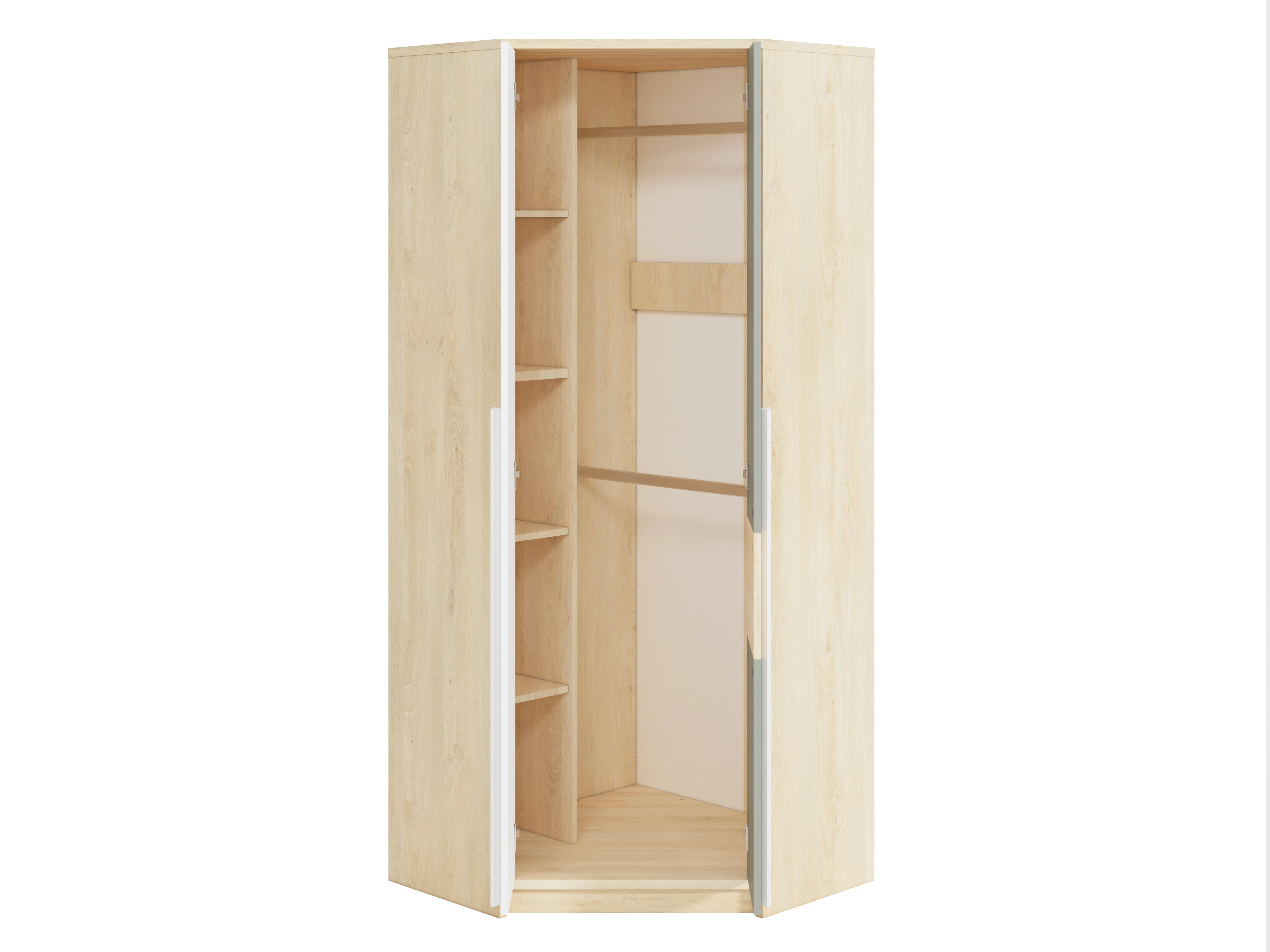 Armoire d’Angle Moderne en Hêtre Fjord et Blanc – Rangement Gain de Place avec Finition Résistante - Decora Home