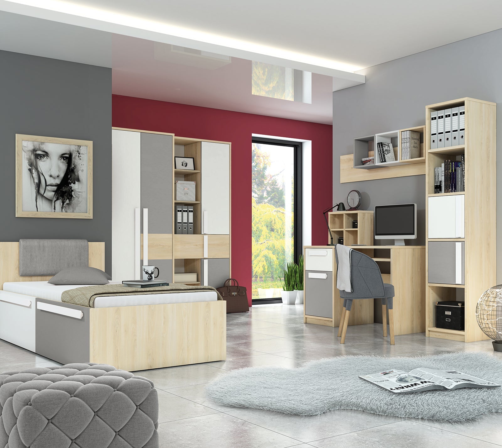 Lit contemporain Hêtre Fjord + Blanc, cadre solide avec bordure ABS et finition résistante - Decora Home