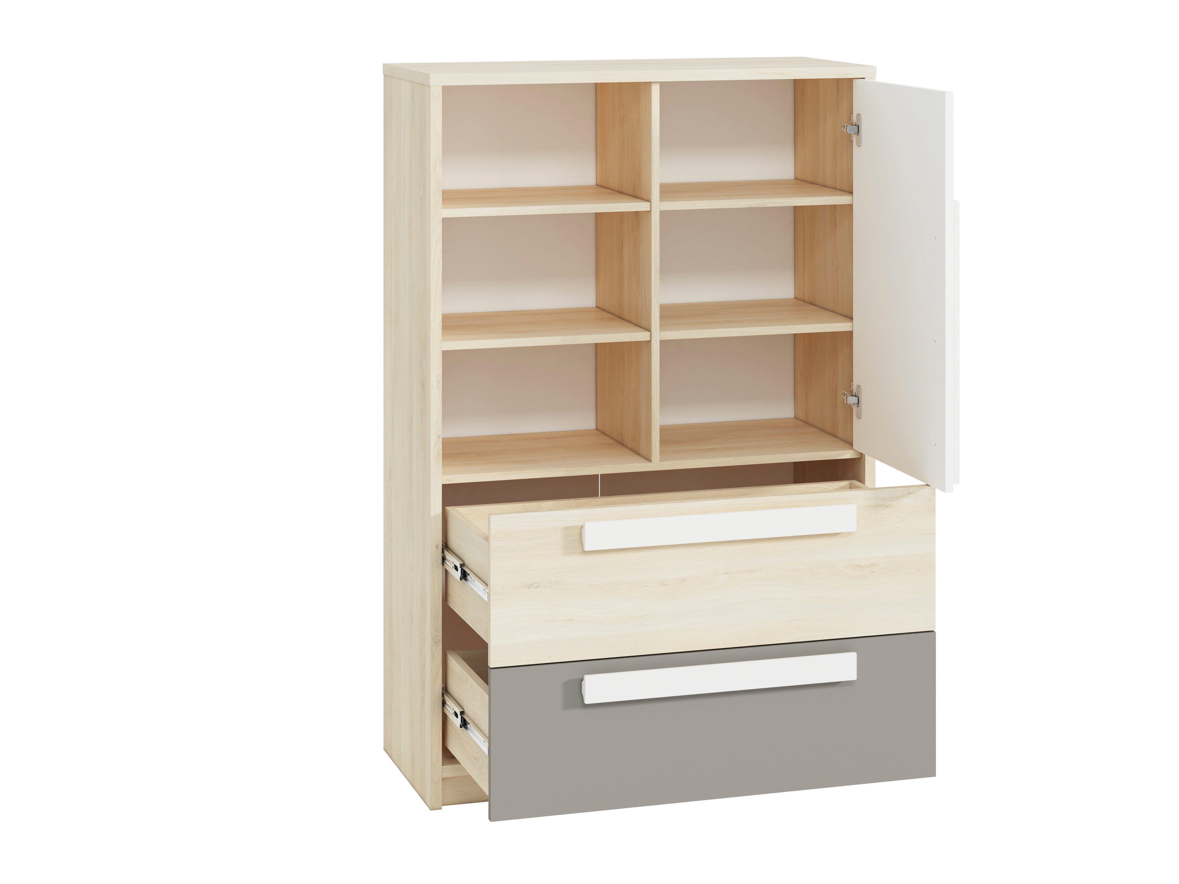 Commode, Buffet, Buffet contemporain avec tiroirs et portes en Hêtre Fjord, Blanc et Gris Platine – Rangement élégant et pratique - Decora Home
