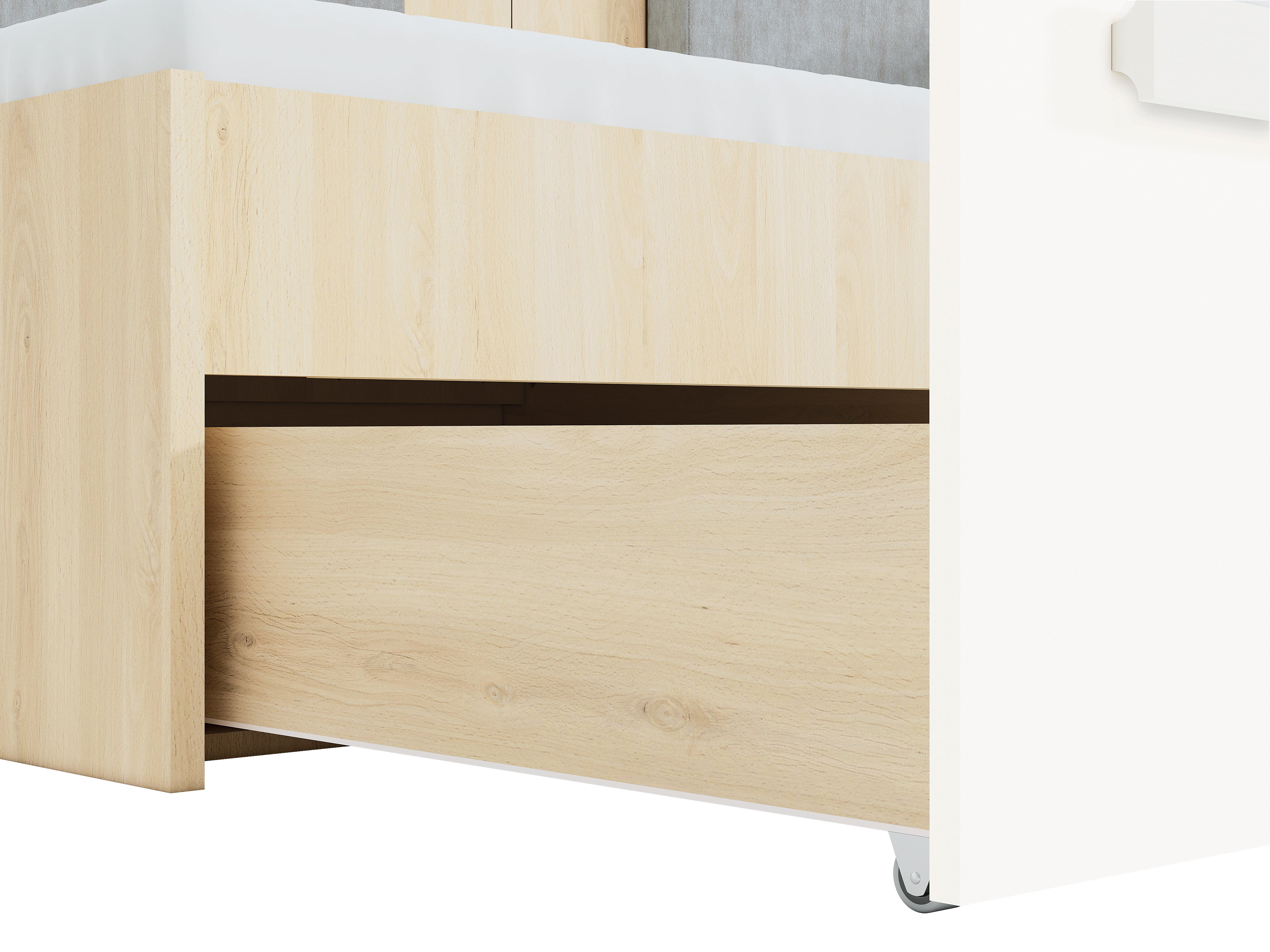 Lit contemporain Hêtre Fjord + Blanc, cadre solide avec bordure ABS et finition résistante - Decora Home