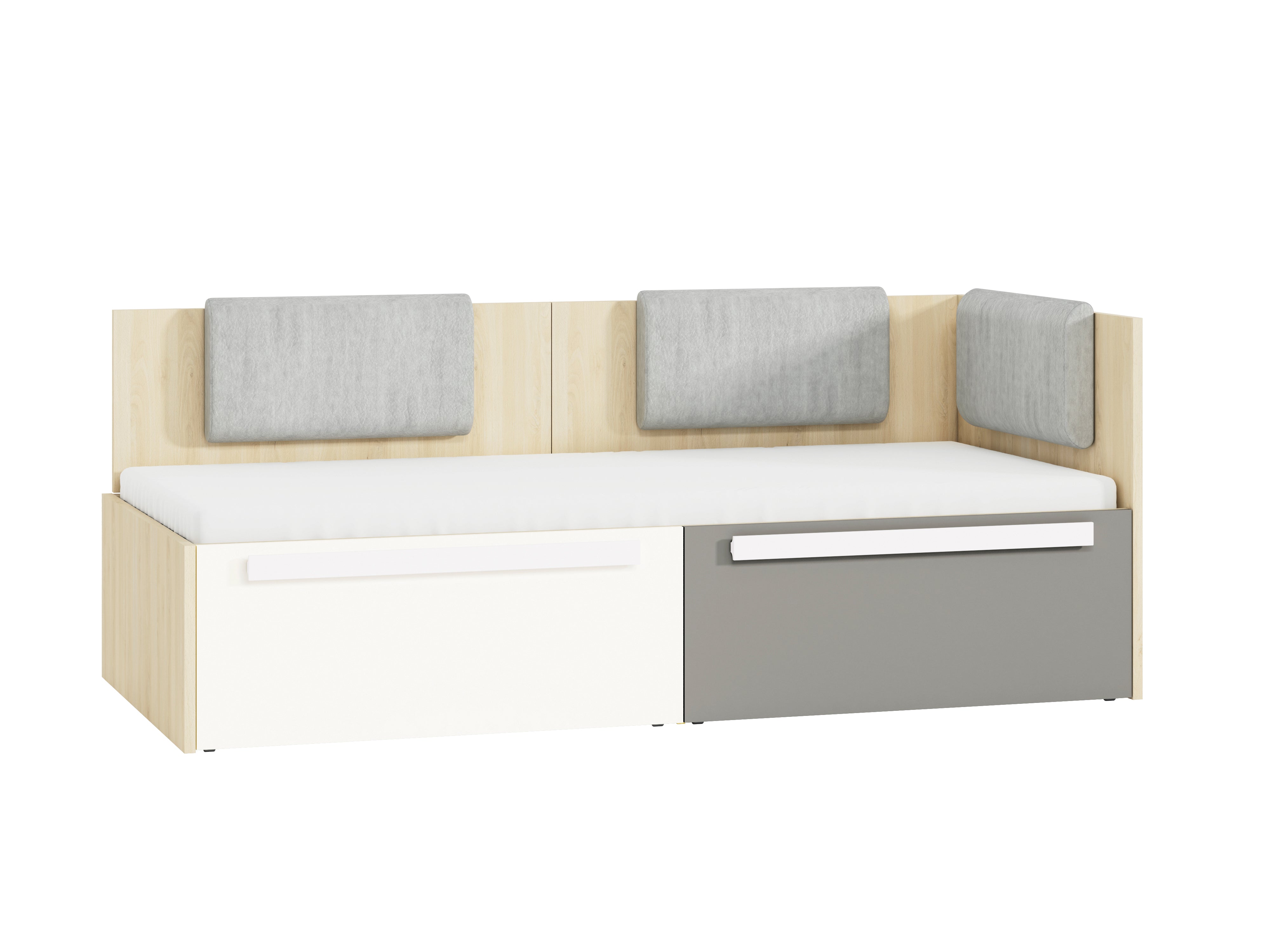 Lit contemporain Hêtre Fjord + Blanc, cadre solide avec bordure ABS et finition résistante - Decora Home