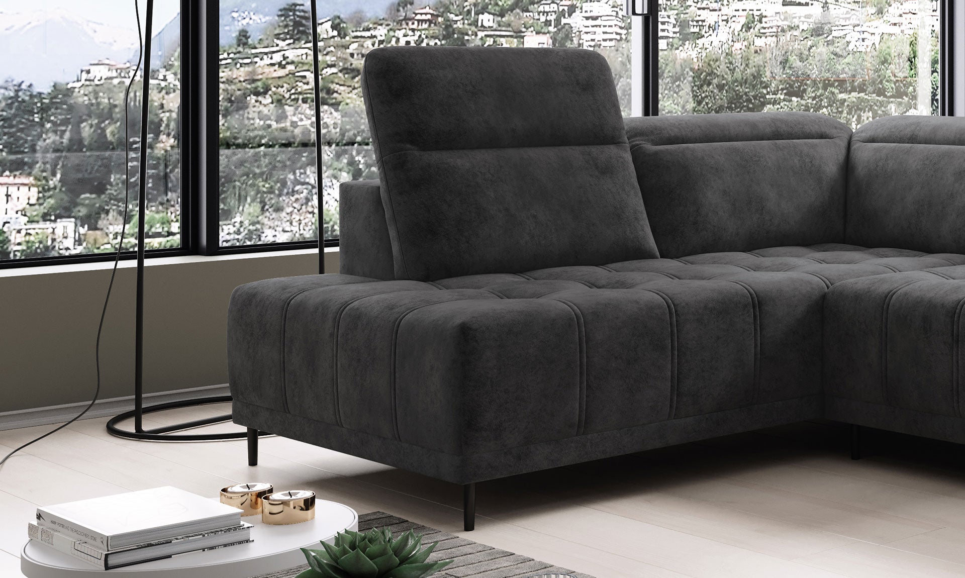 Canapé d'Angle Compact  – Confort Personnalisé avec Appuis-tête réglables et profondeur d'assise modulable électriquement - Decora Home