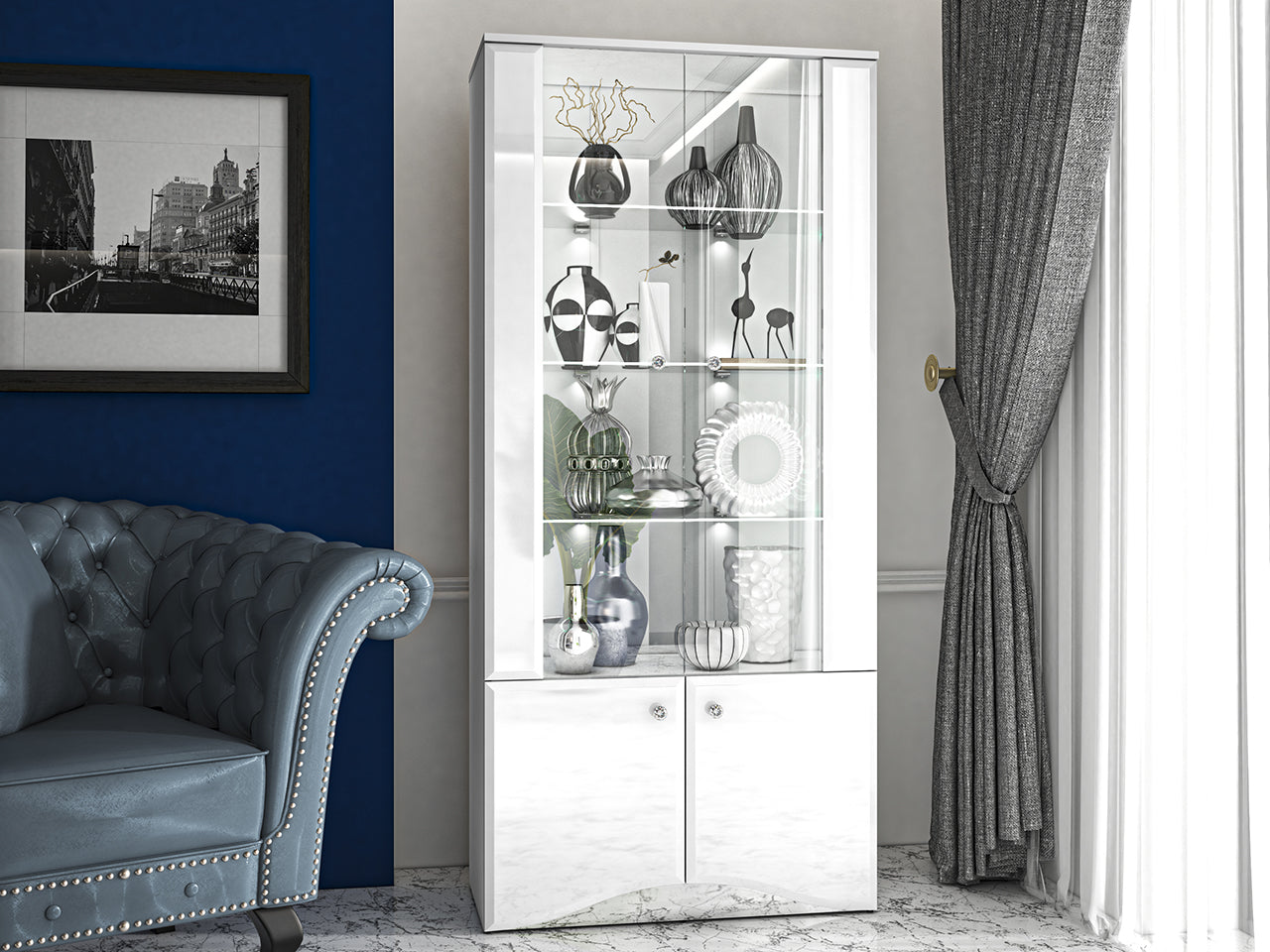 Vitrine de Rangement – Meuble Moderne Blanc Brillant avec Verre Trempé et Option Éclairage - Decora Home