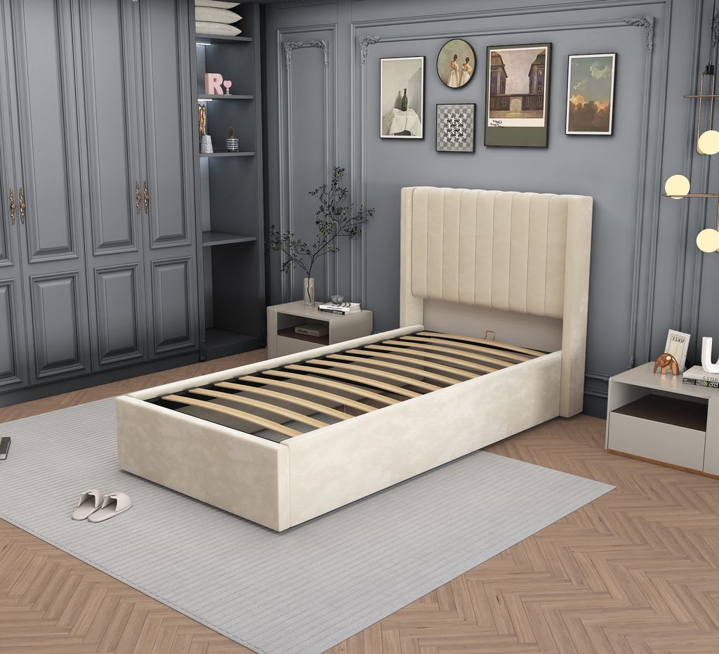 LIT COFFRE CAMILLE en velours beige 90X190CM