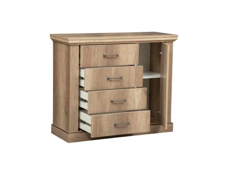 Commode avec quatre tiroirs spacieux et meuble avec étagère
