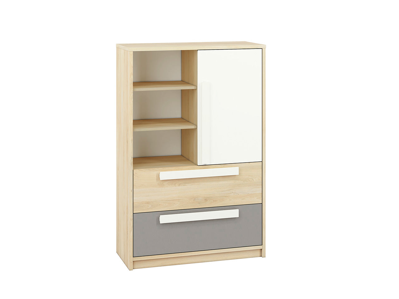 Buffet contemporain avec tiroirs et portes en Hêtre Fjord, Blanc et Gris Platine – Rangement élégant et pratique|Offre Spéciale|Decora Home