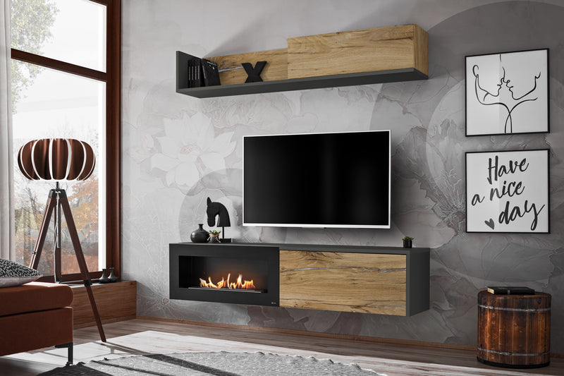 Composition TV DALLAS B 180cm avec Cheminée Bioéthanol - Anthracite, Flagstaff Oak