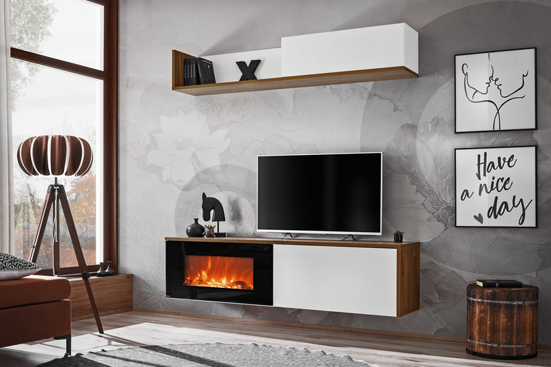 Composition TV DALLAS E 180cm avec Cheminée Électrique - Anthracite, Flagstaff Oak