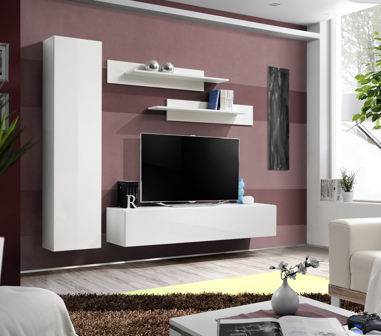 Composition TV FLY G 210cm - Blanc (Façades PVC Blanc Brillant)