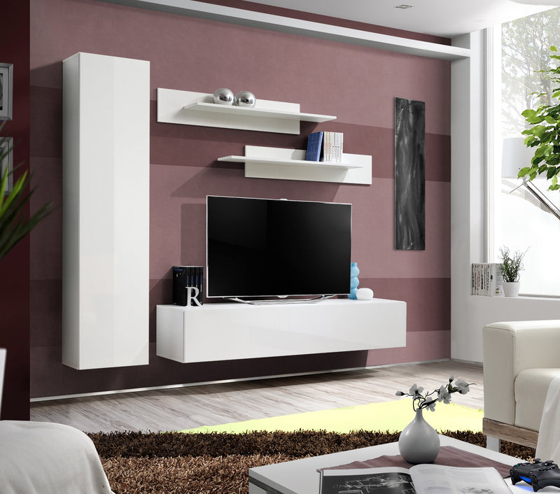 Composition TV FLY G 210cm - Blanc (Façades PVC Blanc Brillant)