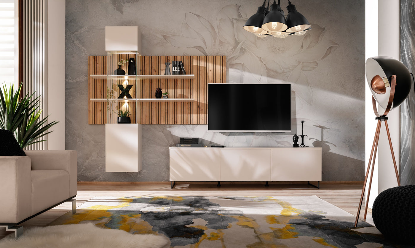 Composition TV GUSTO 280cm - Cachemire, Chêne Artisan, Décor