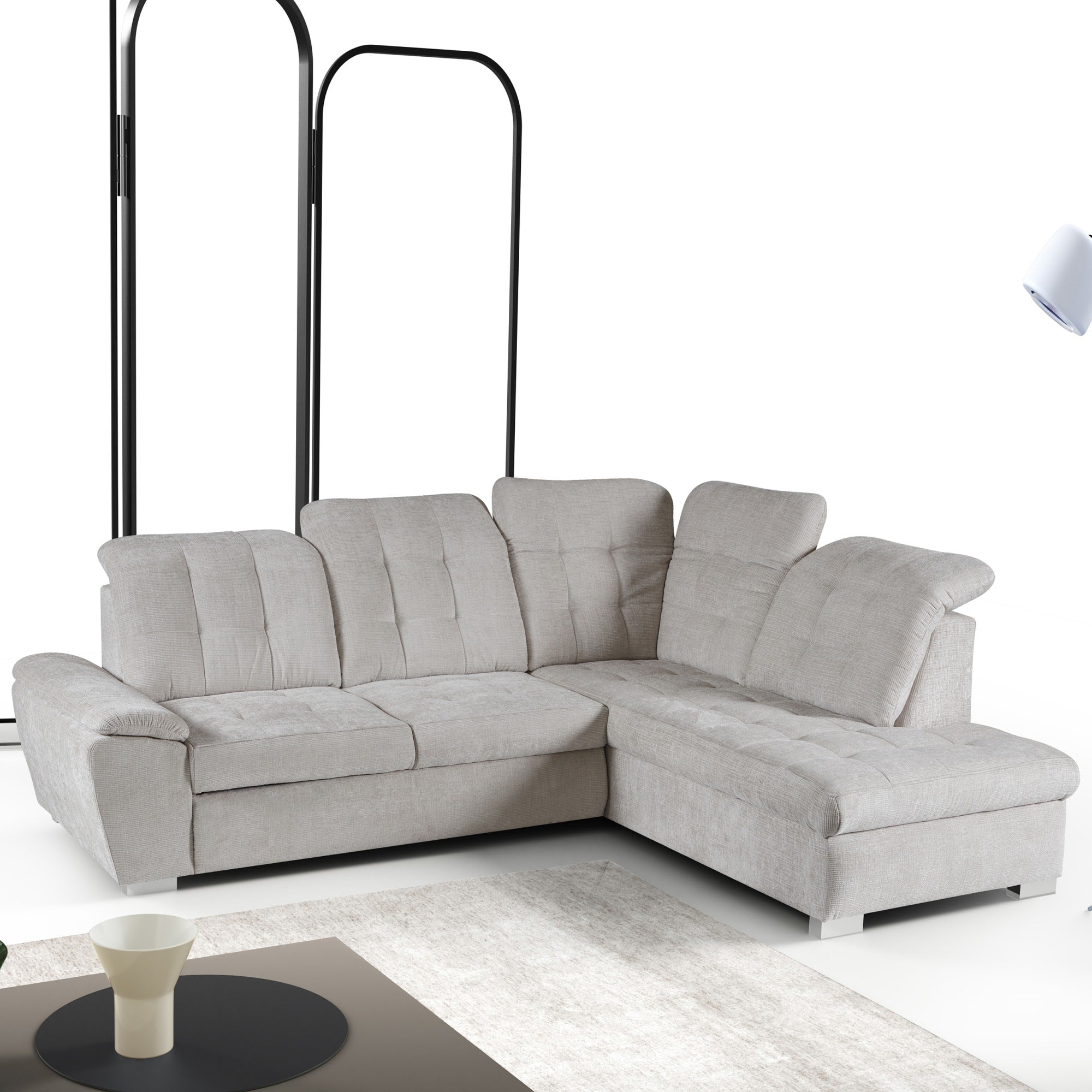 Canapé d’angle convertible en velours beige avec coffre et lit intégré|Destockage|Decora Home