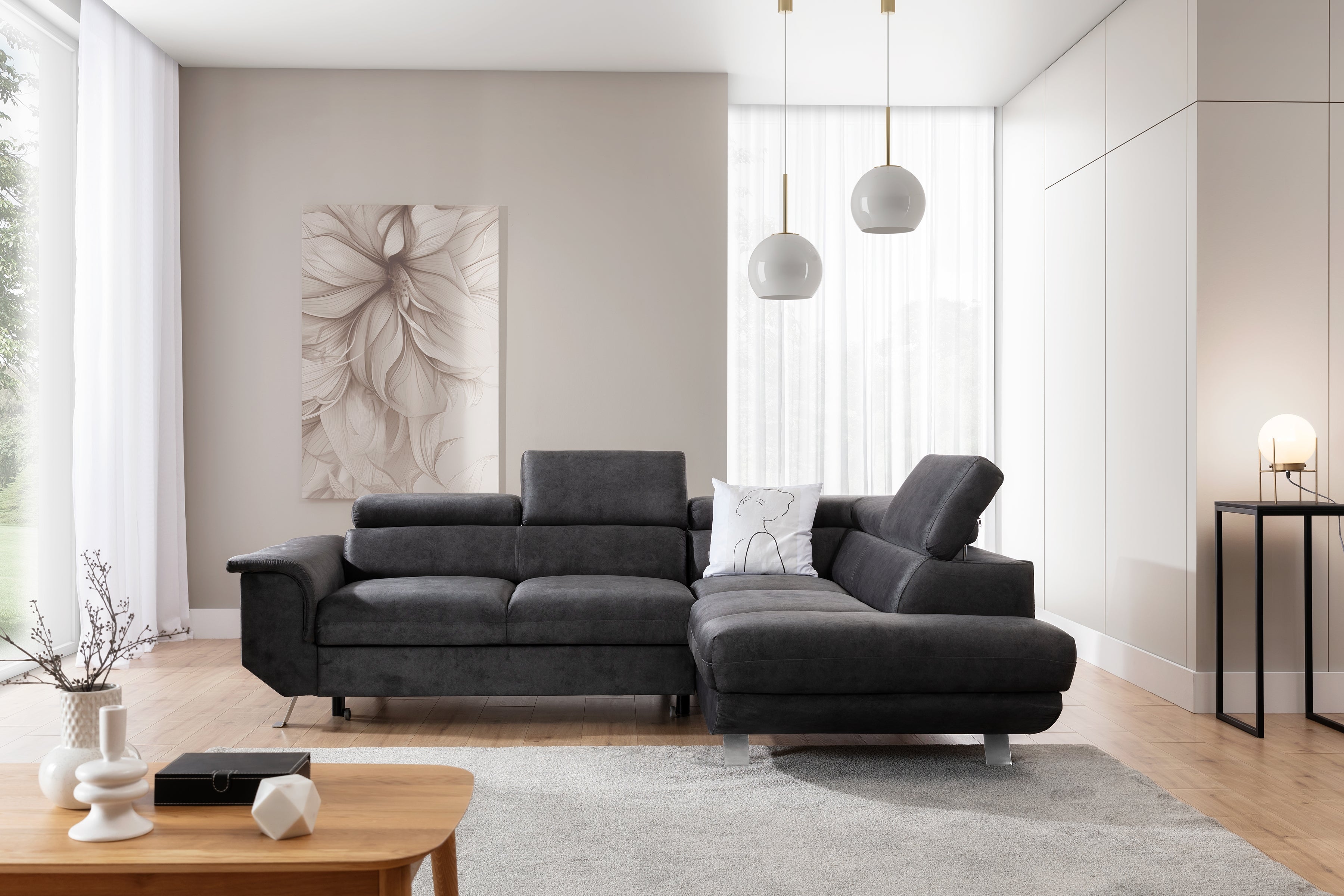 Canapé d'Angle L Convertible avec Rangement Intégré – Gris, Beige, Marron avec Pieds Argentés