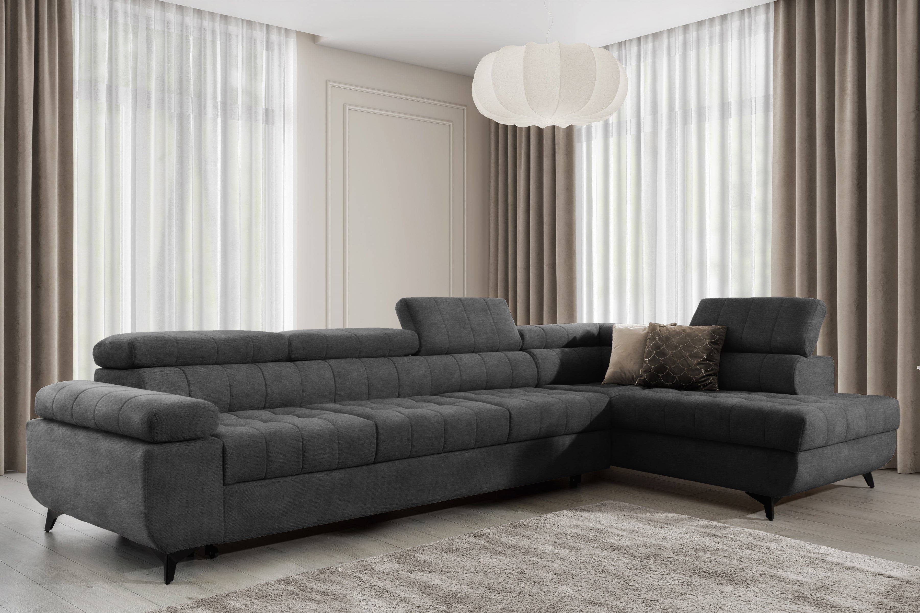 Canapé d'angle L en velours graphite – Convertible avec rangement et réglages pour un confort maximal|Prix cassé|Decora Home