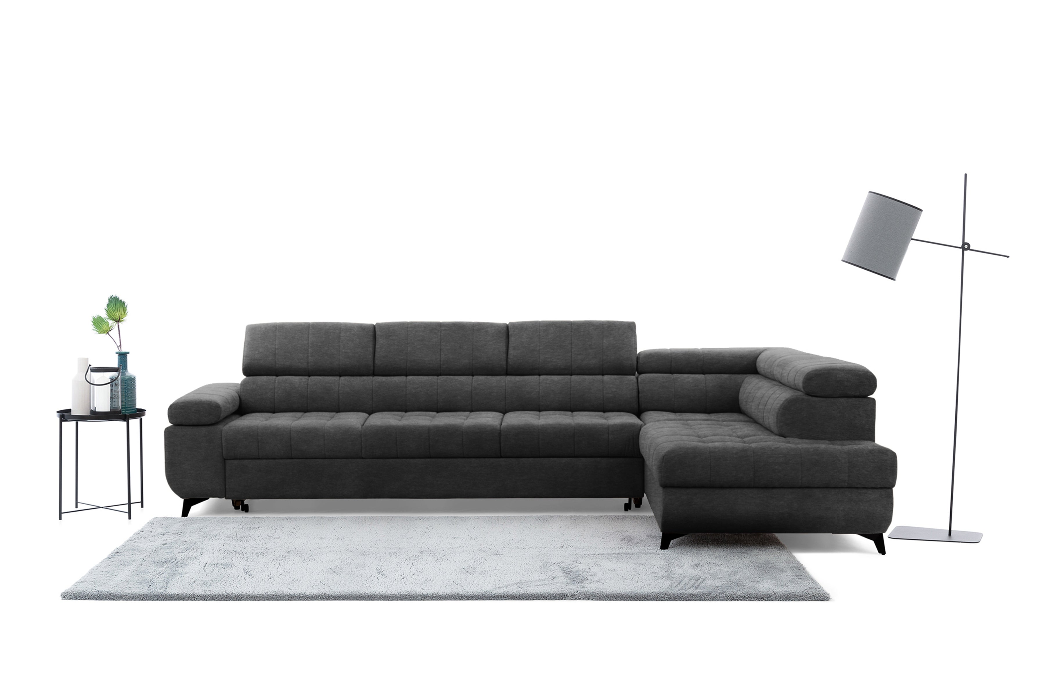 Canapé d'angle L en velours graphite – Convertible avec rangement et réglages pour un confort maximal