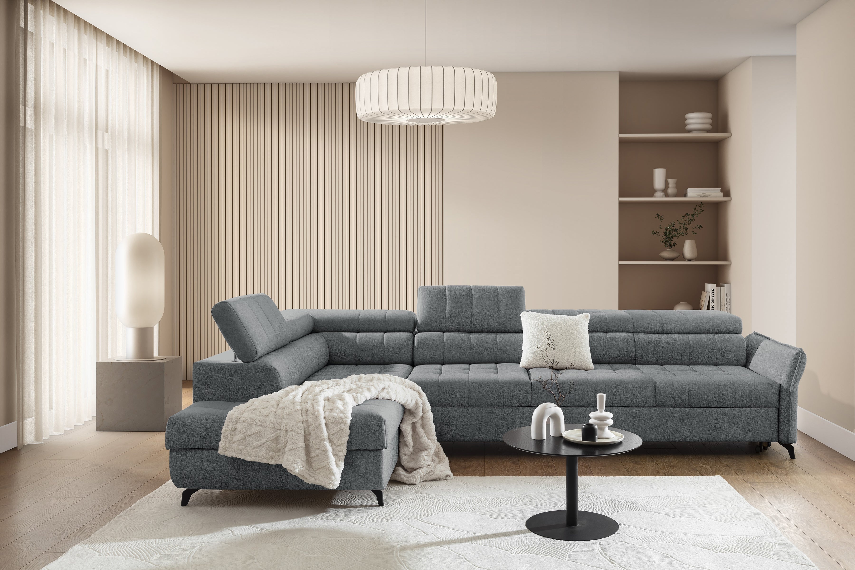 Canapé d'angle L Convertible avec Rangement – Chenille Beige ou Gris – Confort et Élégance|Prix cassé|Decora Home