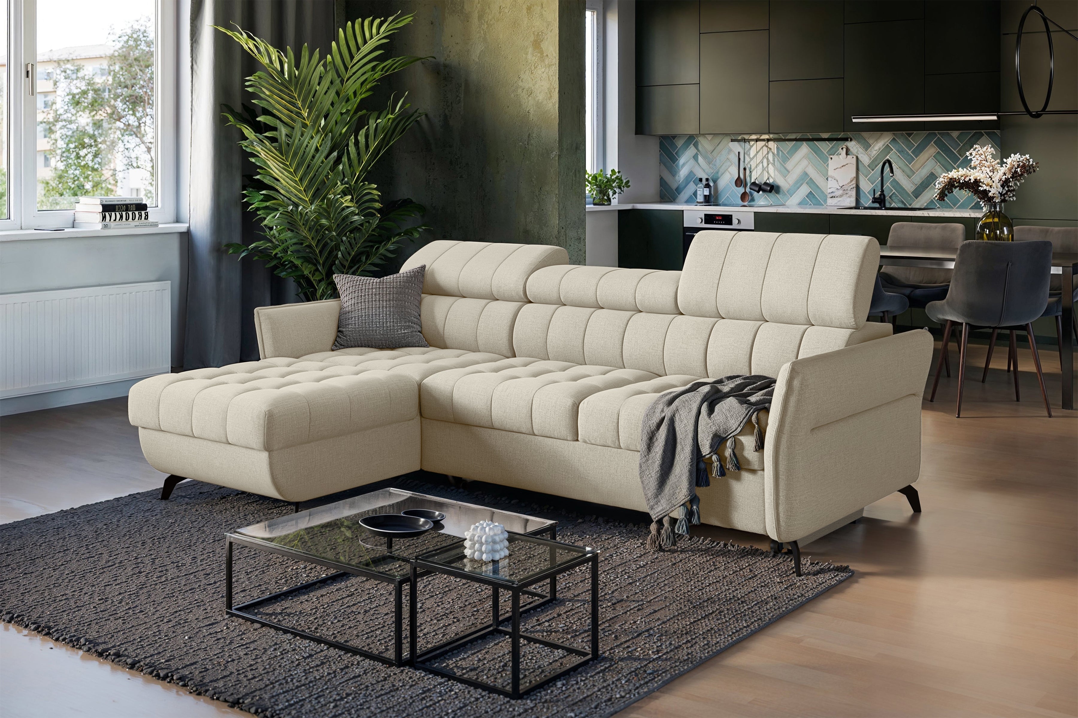 Canapé d'angle convertible côté gauche - tricot beige Maya 02 - Offre limitée|Promo exclusive|Decora Home