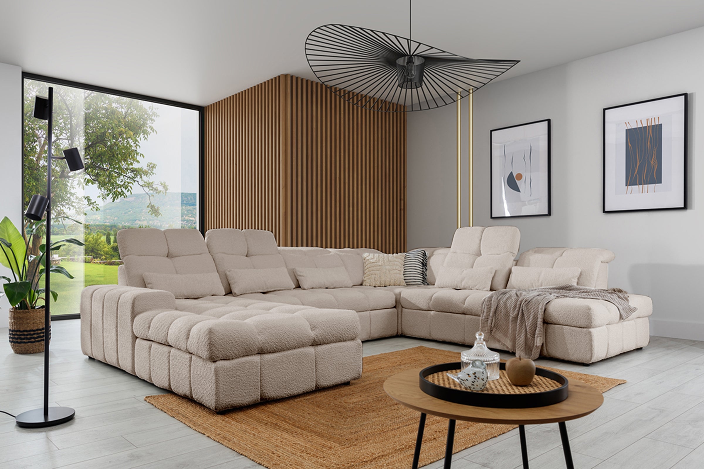 Canapé d'angle avec fonction couchage Magnelio U II côté droit - boucle beige Catch me 2|Promo exclusive|Decora Home
