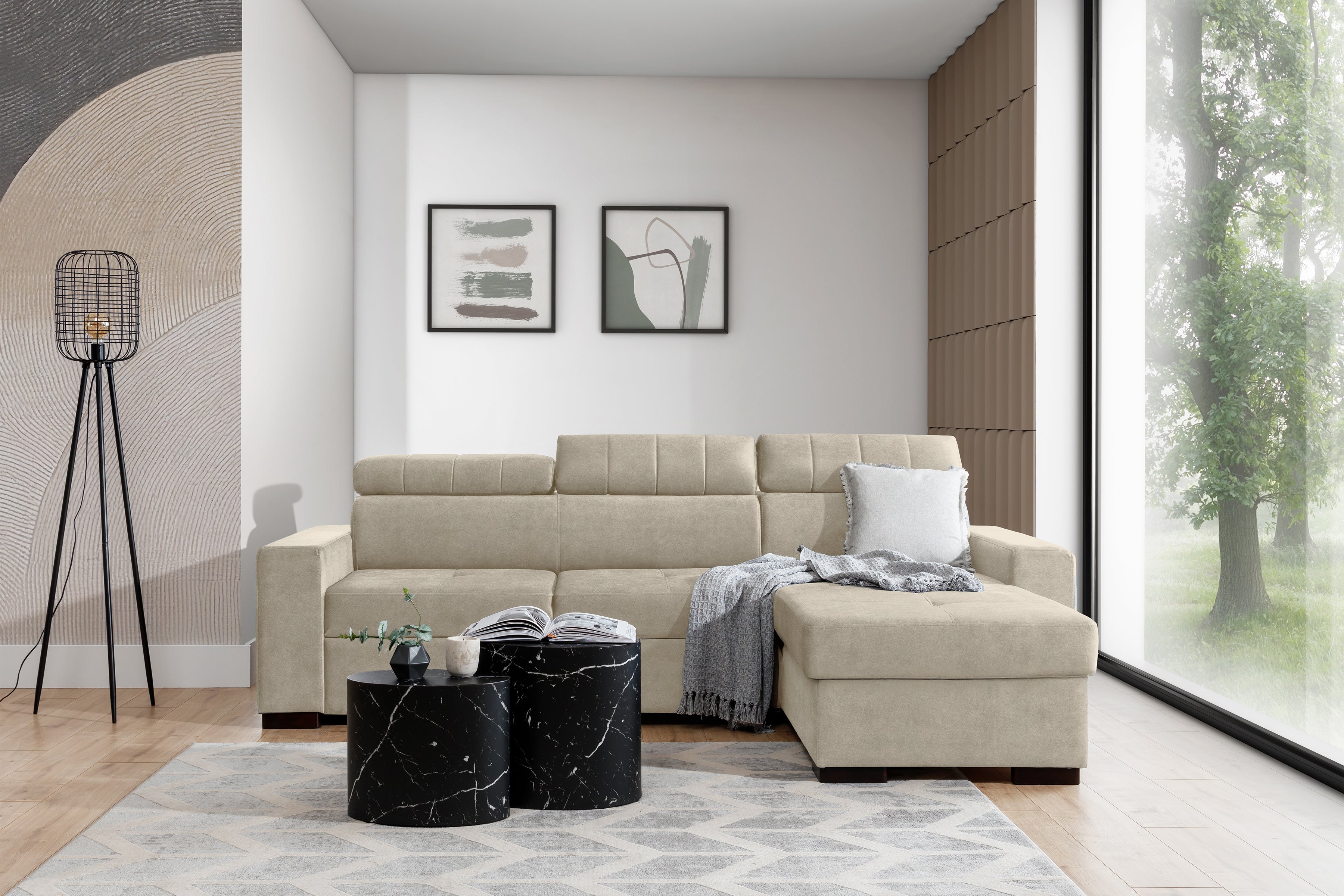 Canapé d'angle universel avec tissu tricoté beige ou gris, convertible et avec rangement intégré – Confort et modernité pour votre intérieu|Prix cassé|Decora Home