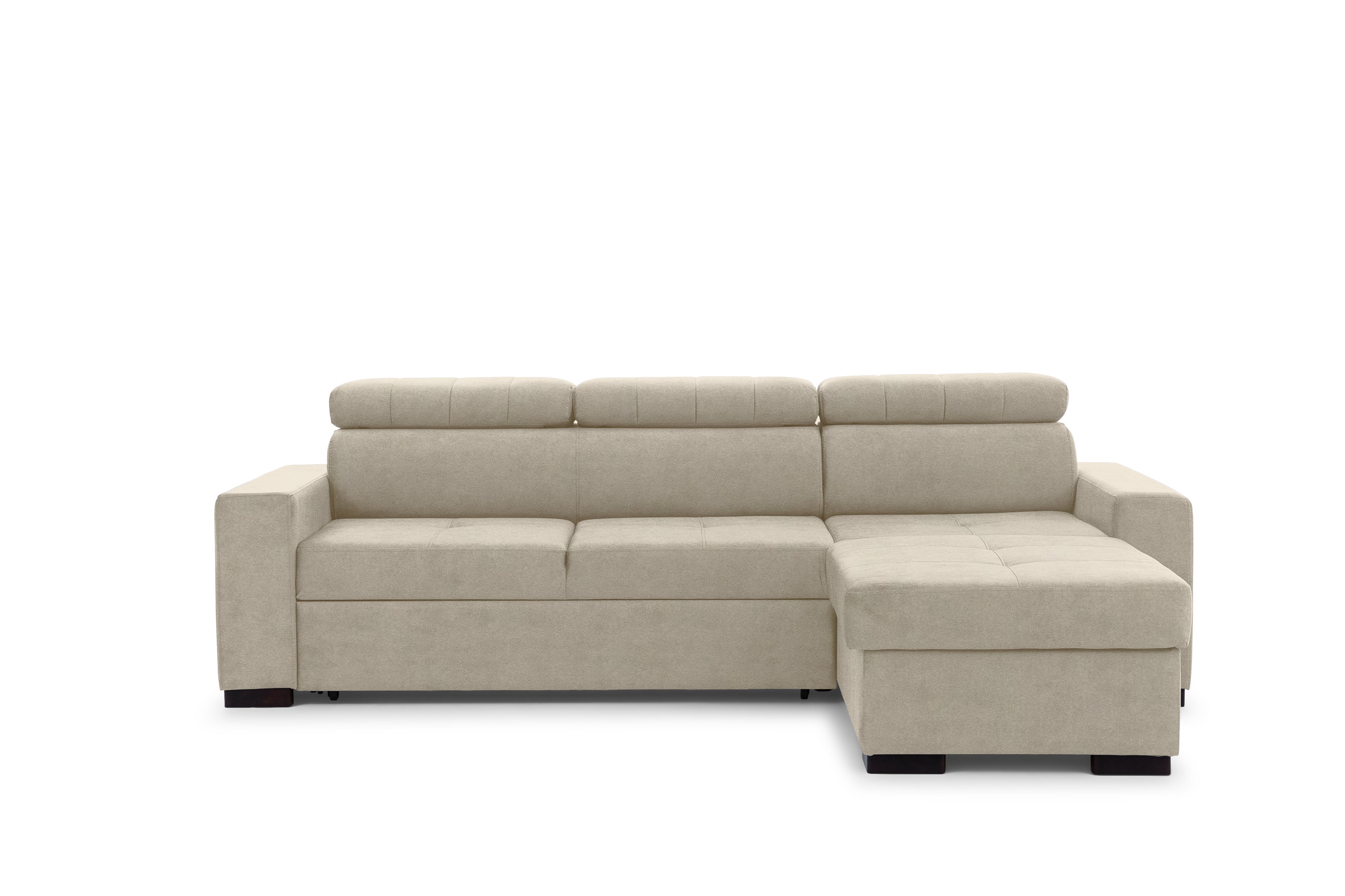 Canapé d'angle universel avec tissu tricoté beige ou gris, convertible et avec rangement intégré – Confort et modernité pour votre intérieu