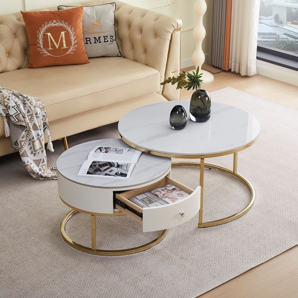 TABLE BASSE GIGOGNE NOVELA PIED GOLD PLATEAU CERAMIQUE MARBRE BLANC 80+60